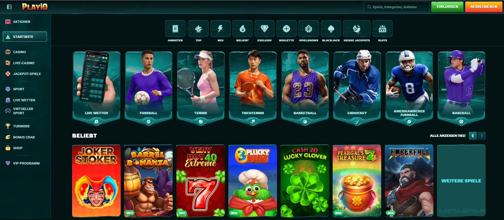 Startseite einer Online-Casino-Website mit Sportwetten, beliebten Spielen und übersichtlicher Navigationsleiste auf der linken Seite.