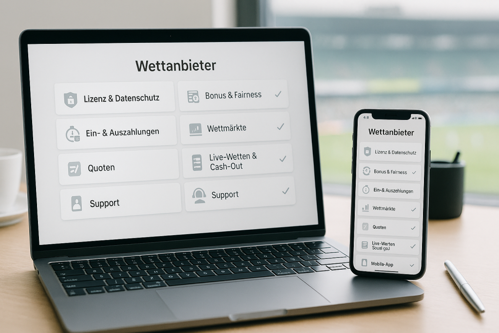 Fotorealistisches Hero-Image mit Laptop und Smartphone auf modernem Schreibtisch, beide zeigen Vergleichs-Dashboard für Wettanbieter mit Icons zu Lizenz, Sicherheit, Bonus, Quoten, Live-Wetten, Cash-Out, Mobile App, Support und Nutzerbewertungen.