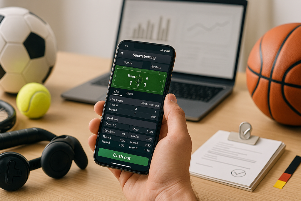 Realistische Editorial-Fotografie eines modernen Schreibtischs mit Smartphone, das eine neutrale Sportwetten-App zeigt. Umgeben von Fußball, Tennisball, Basketball und Gaming-Controller. Im Hintergrund Laptop mit Statistiken und Dokumenten. Seriöses Setting mit subtilen Regulierungssignalen, ideal für wettanbieter Inhalte.